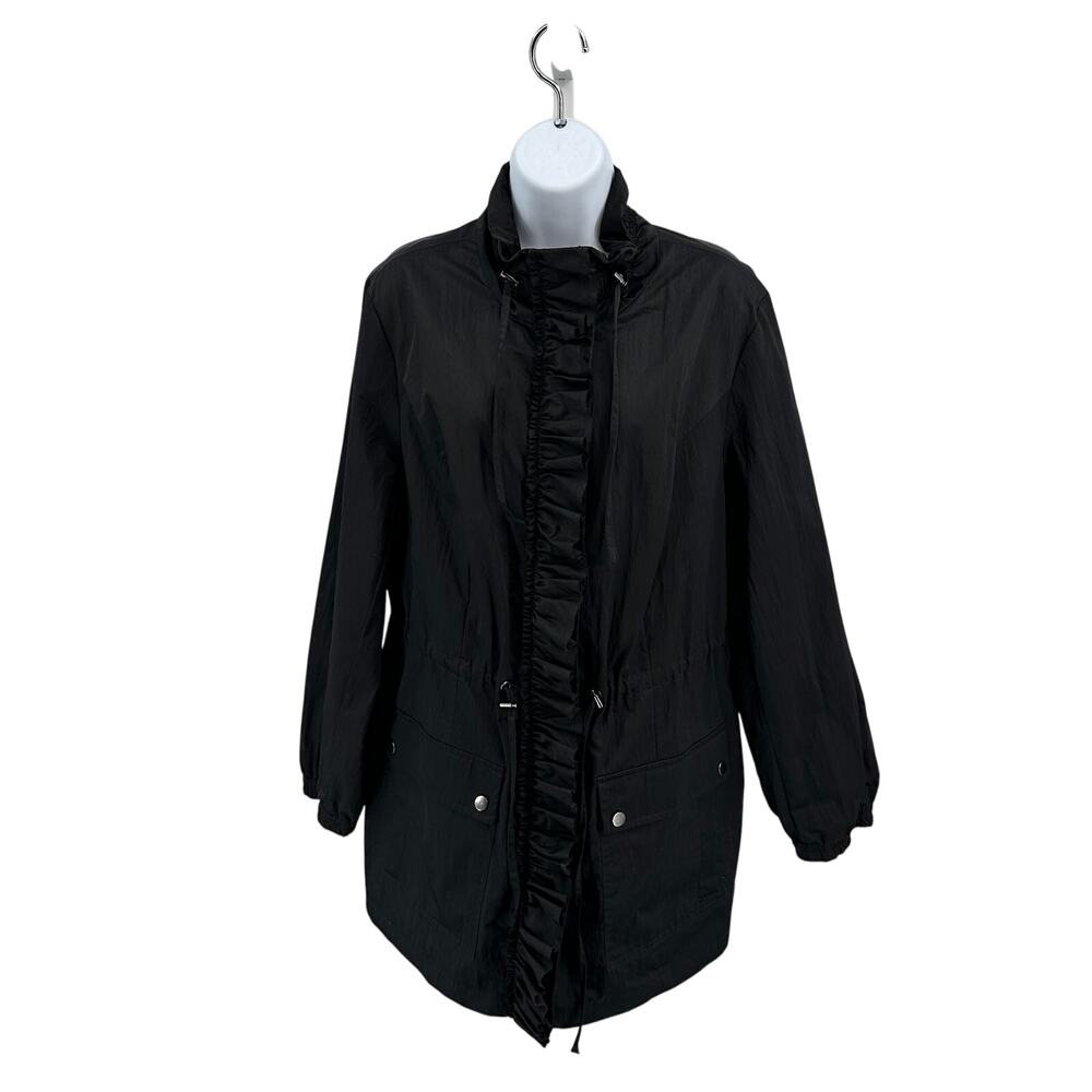 Style & Co. Zip Up Parka Jacket WMN 14 Black Ruffle Long Sleeve Windbreaker Coat